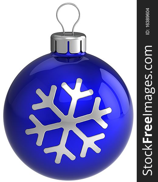 Blue shiny christmas ball bauble with silver snowflake shape on it. This is a detailed 3D render. Isolated on white. Blue shiny christmas ball bauble with silver snowflake shape on it. This is a detailed 3D render. Isolated on white.