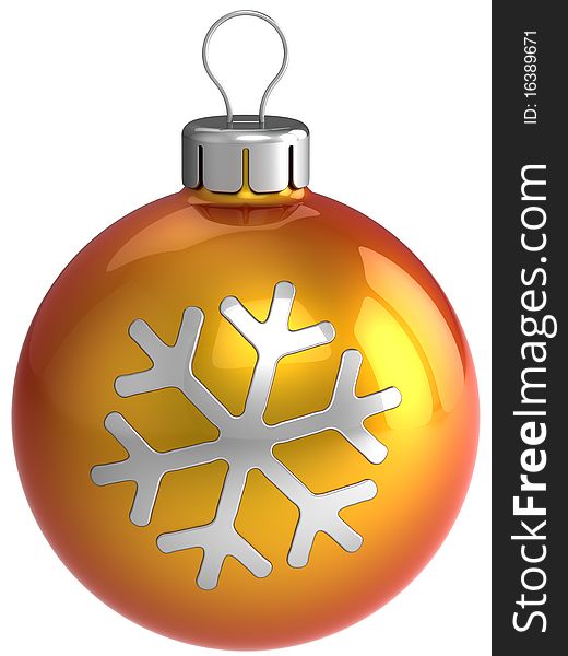 Orange shiny christmas ball bauble with silver snowflake shape on it. This is a detailed 3D render. Isolated on white. Orange shiny christmas ball bauble with silver snowflake shape on it. This is a detailed 3D render. Isolated on white.