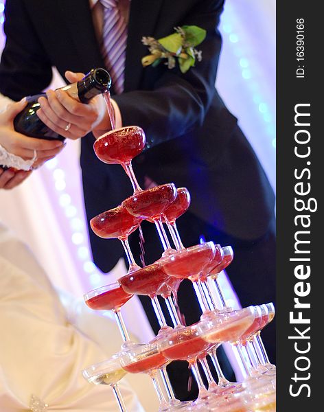 Champagne glasses tower in wedding，which taken in china