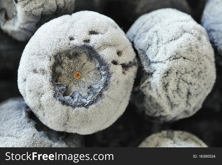 Macro shot of frozen and wrinkled blueberries covered in frost. Macro shot of frozen and wrinkled blueberries covered in frost.