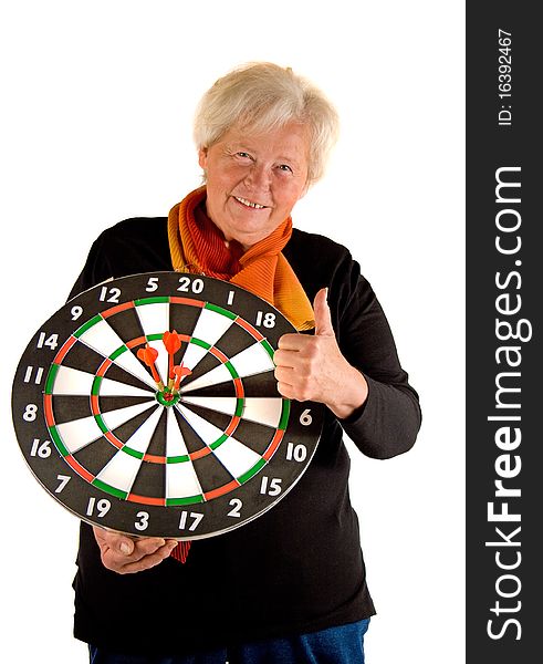 Senior with a darts is laughing. Senior with a darts is laughing