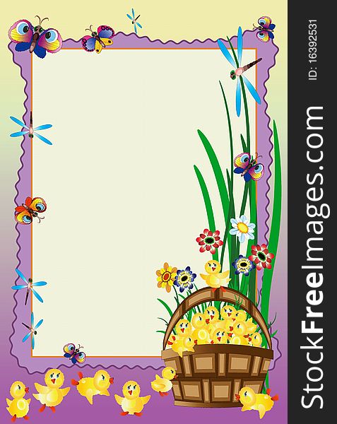 Frame with basket ,ducklings,insects.