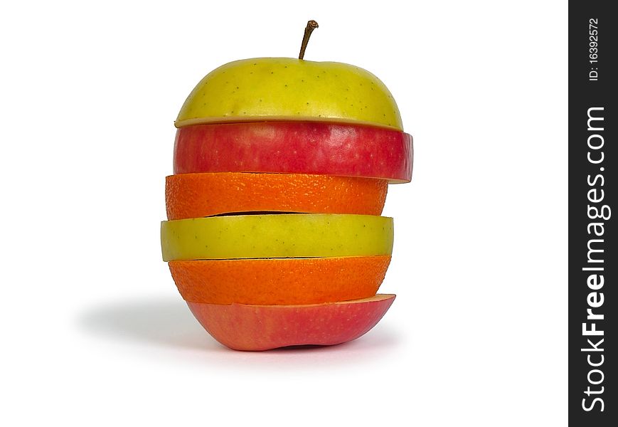 Slices of apples and orange as one fruit. Isolated with clipping path.