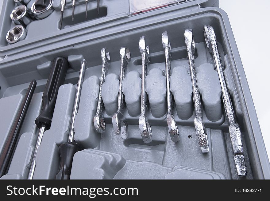 Perspective view of a tool box on a white background