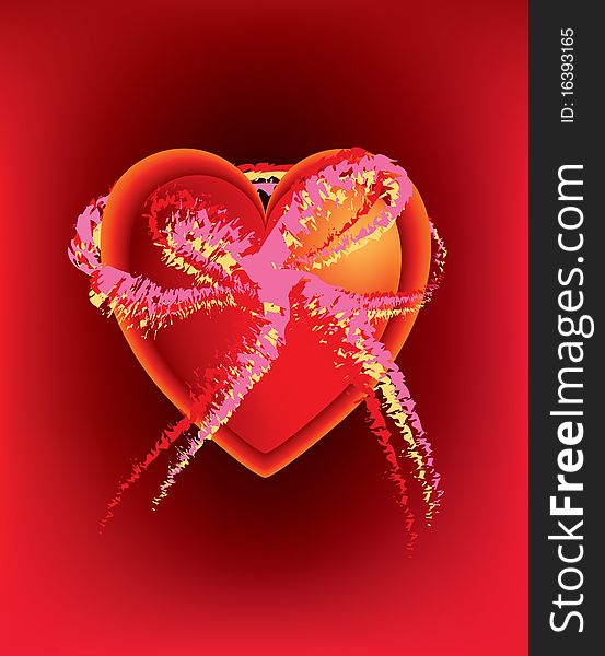 Heart in heart with large abstract bow on a luscious, rich red background.
