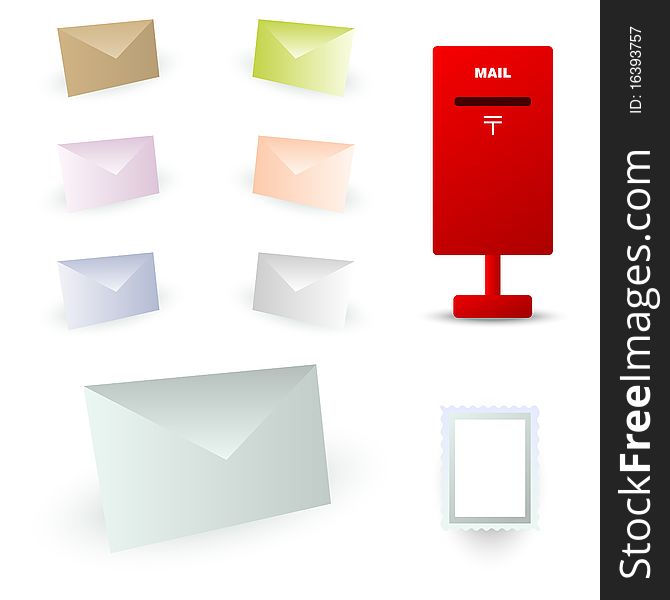 Envelopes in various color with stamp and mailbox icon. Envelopes in various color with stamp and mailbox icon
