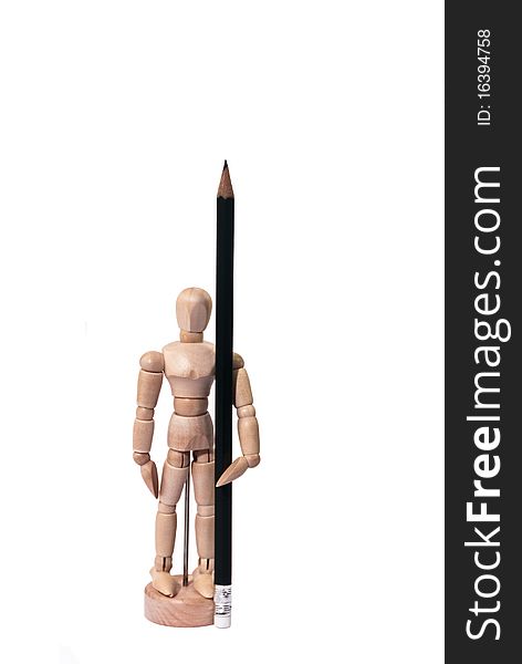 Artist Wooden Model with Pencil in the On Guard Position Isolated on White
