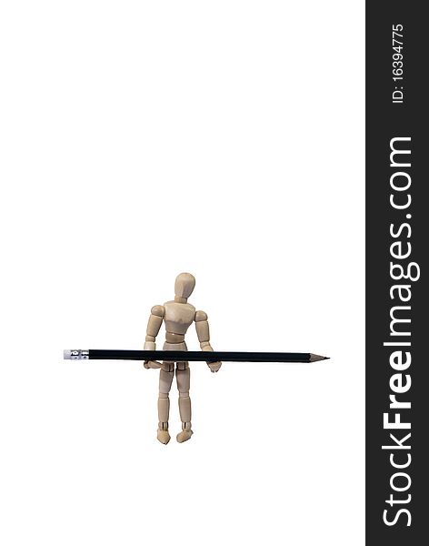 Miniature Artist Wooden Model Balancing a Pencil Isolated on White with room for your Text. Miniature Artist Wooden Model Balancing a Pencil Isolated on White with room for your Text