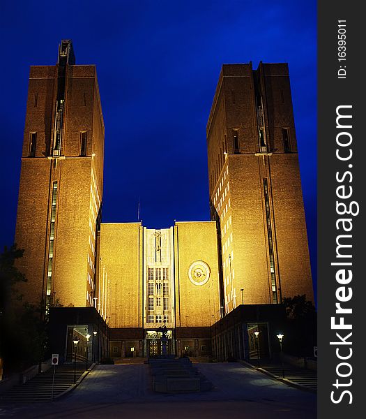 City Hall (Radhuset) in the night. Oslo, Norway