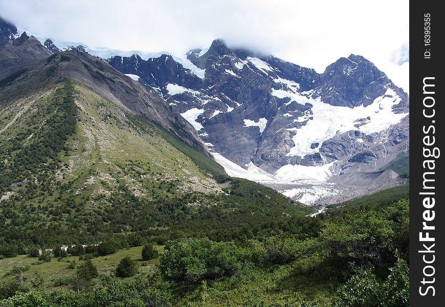 Two Peaks.
A snowy one and a green one
On th national park o Los Torres del Paine