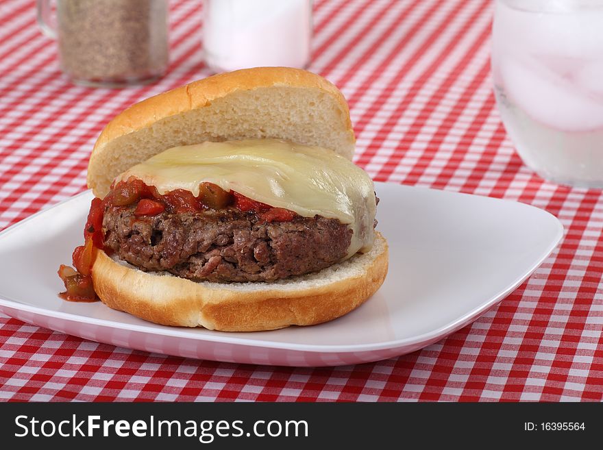 Hamburger topped with salsa and melted cheese on a bun. Hamburger topped with salsa and melted cheese on a bun