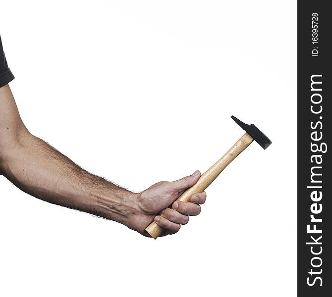 Hand holding a medium hammer on a white set. Hand holding a medium hammer on a white set