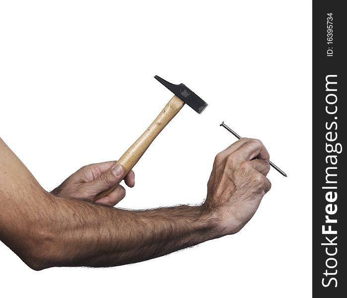 Hand holding a medium hammer on a white set. Hand holding a medium hammer on a white set