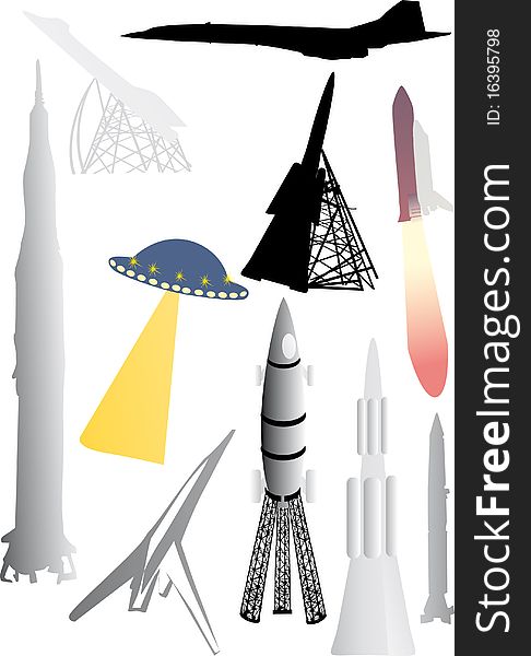 Illustration with rocket collection isolated on white background. Illustration with rocket collection isolated on white background