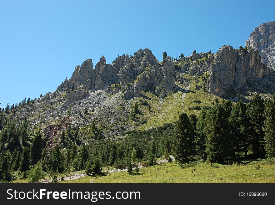 Scenic mountain landscape in Val di Fassa, Italian dolomites.