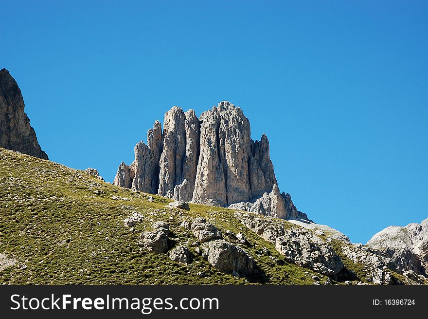 Scenic rocky peak in South Tirol - Fassa Valley. Scenic rocky peak in South Tirol - Fassa Valley.