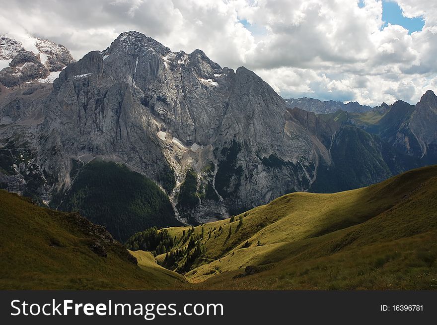 Fassa Valley near Marmolada peak, South Tirol. Fassa Valley near Marmolada peak, South Tirol.