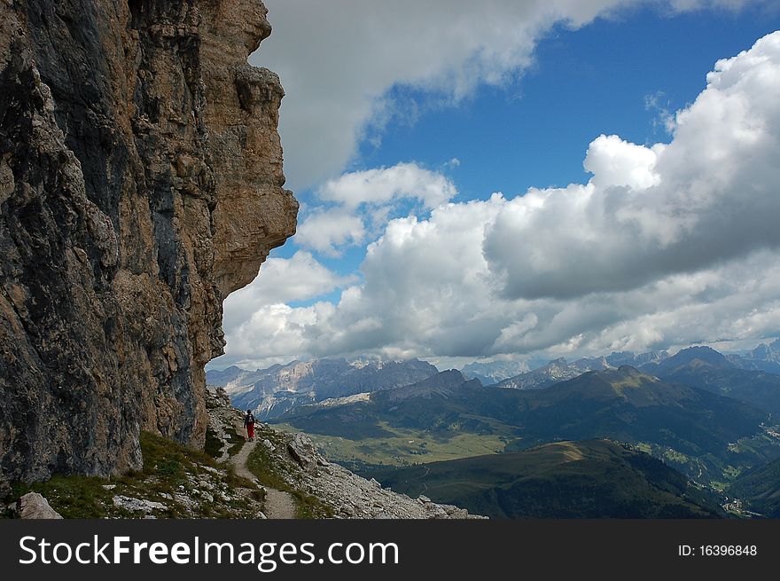 Mountain trek in summer around Sella massif in Italian Dolomites. Mountain trek in summer around Sella massif in Italian Dolomites.