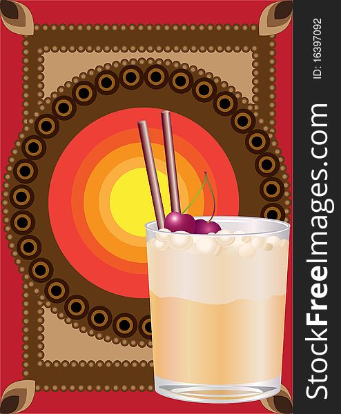 Vector illustration of cocktail drink, decorated with cherry and straw on the cool ornate background