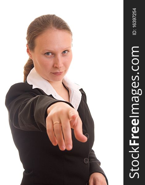 Confident business woman on white background.