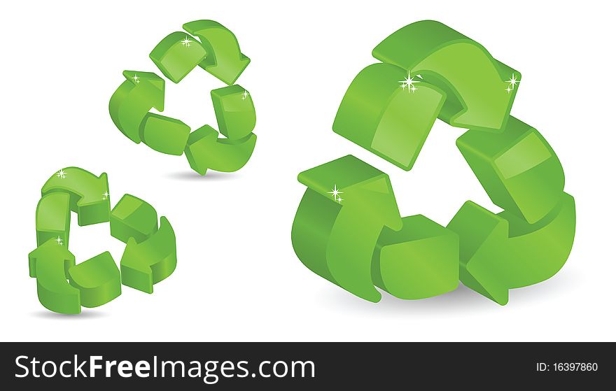 Glossy, sparkling recycling symbols in 3D. Glossy, sparkling recycling symbols in 3D