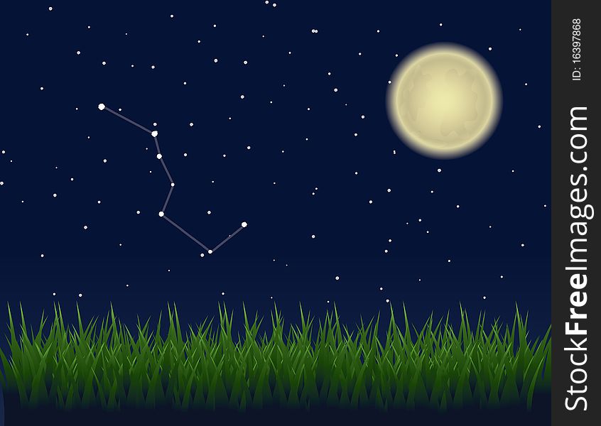 Big Dipper depicted among the stars in a clear night sky, with a glowing moon casting light on a field of grass below.
