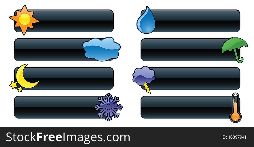 Eight glossy weather banners/buttons, perfect for rain or shine!