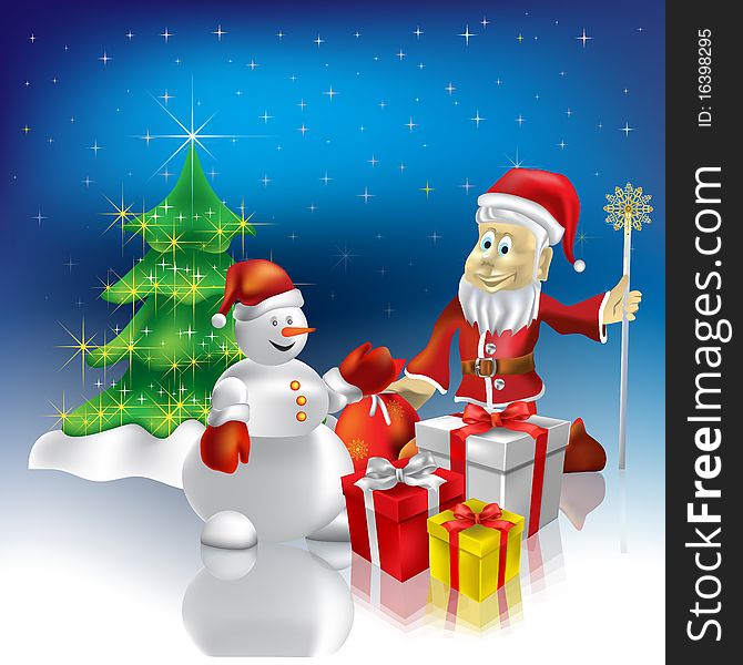 Christmas greeting Santa Claus and snowman with gifts. Christmas greeting Santa Claus and snowman with gifts