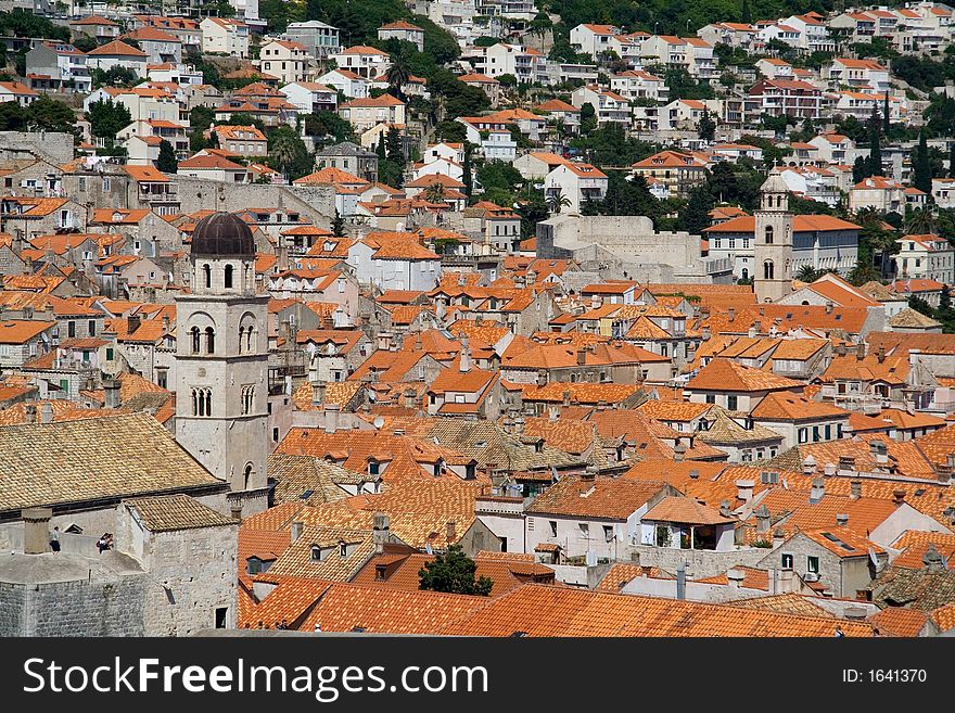A zoomed-in view of the roofs from the Croatian city of Dubrovnik. A zoomed-in view of the roofs from the Croatian city of Dubrovnik.