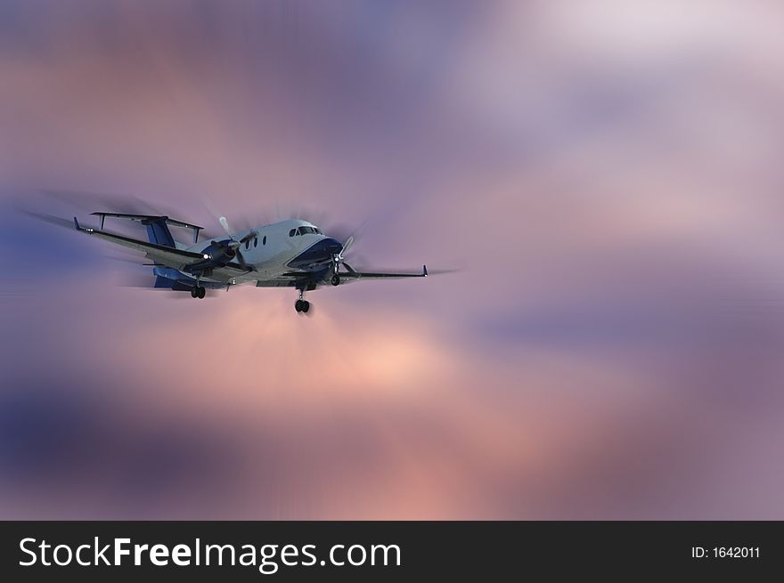 Airplane with landing gear flying with sky and clouds in background. Airplane with landing gear flying with sky and clouds in background