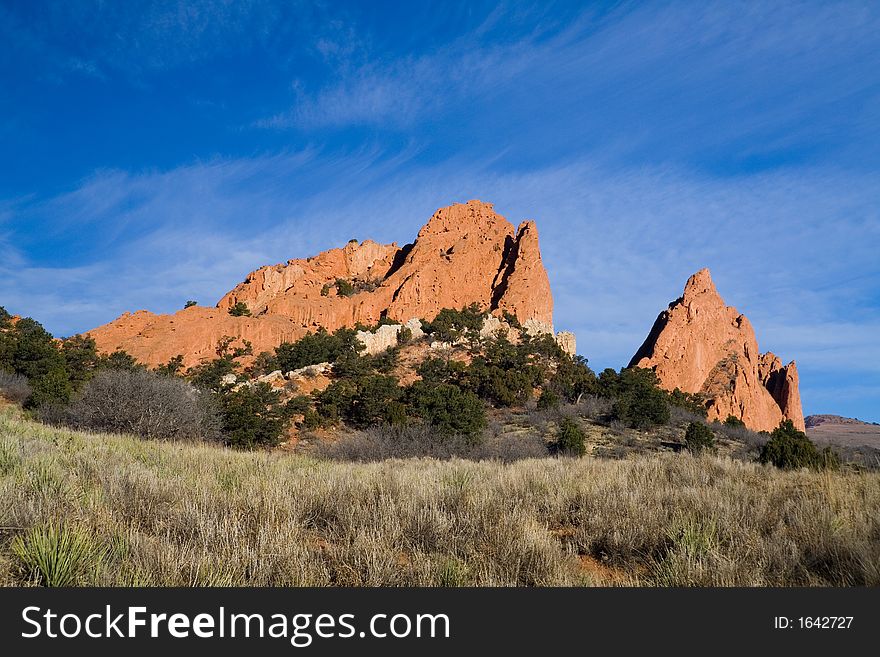 Two large rock formations from the Garden of the Gods Park in Colorado Springs.