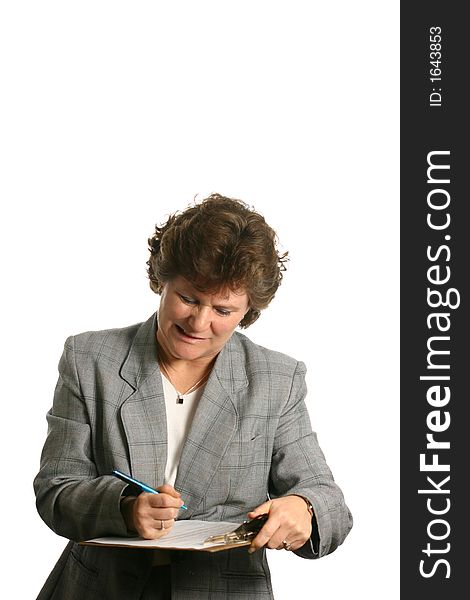 Business woman isolated on white space holding clipboard, pen, and documents in hand with unique expression of anger or confusion