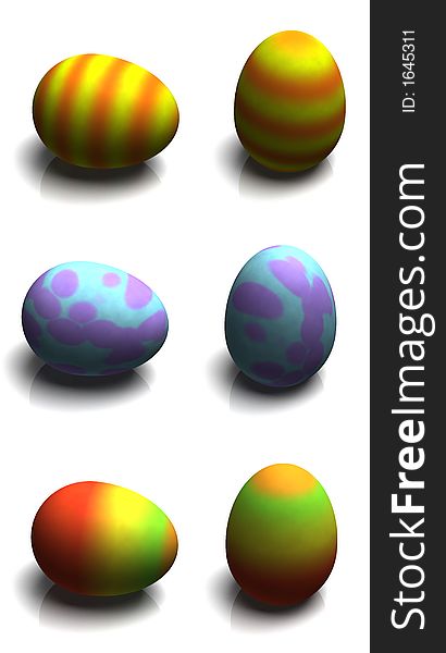 Three computer generated Easter eggs on a white background