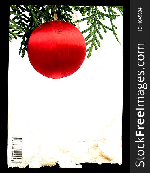 Poscard with grunge frame and red christmas ball in white background. Poscard with grunge frame and red christmas ball in white background