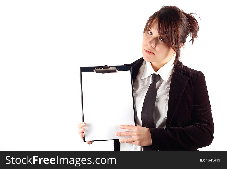 Attractive woman with blank paper on white background. Attractive woman with blank paper on white background