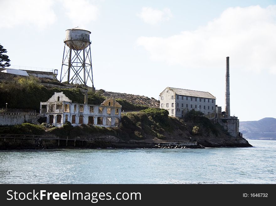 Buildings on Alcatraz - The Rock - island located on the middle of San Francisco Bay in California, USA