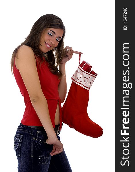 Christmas season! Different poses of a beautiful woman with a Christmas Socks full of small gifts inside. Christmas season! Different poses of a beautiful woman with a Christmas Socks full of small gifts inside.