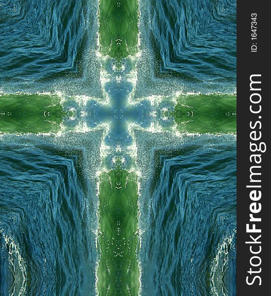 Kaleidoscope cross from photo of green wave breaking on Oregon beach. Kaleidoscope cross from photo of green wave breaking on Oregon beach