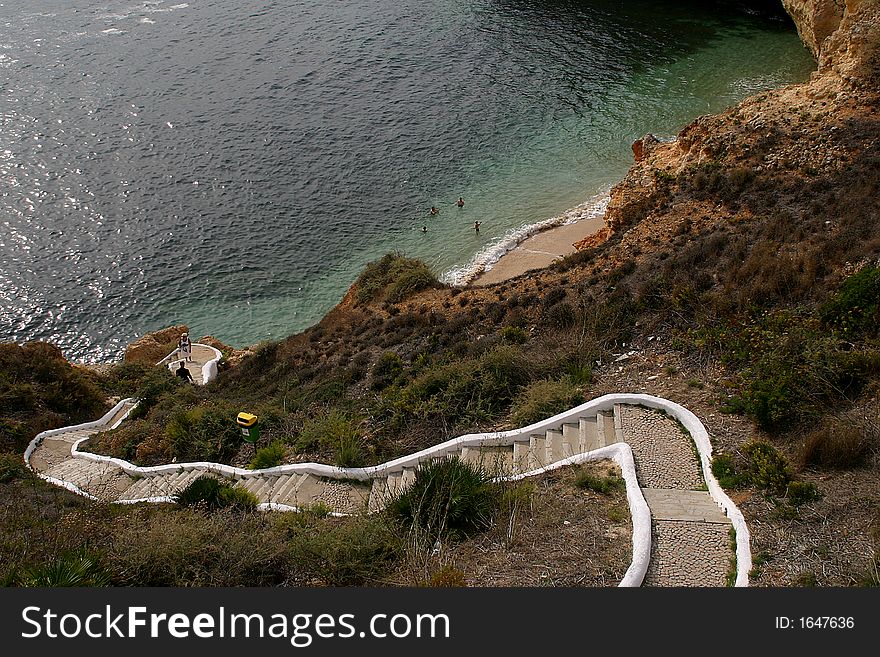 Way down to the secret beach, in Portugal. Way down to the secret beach, in Portugal