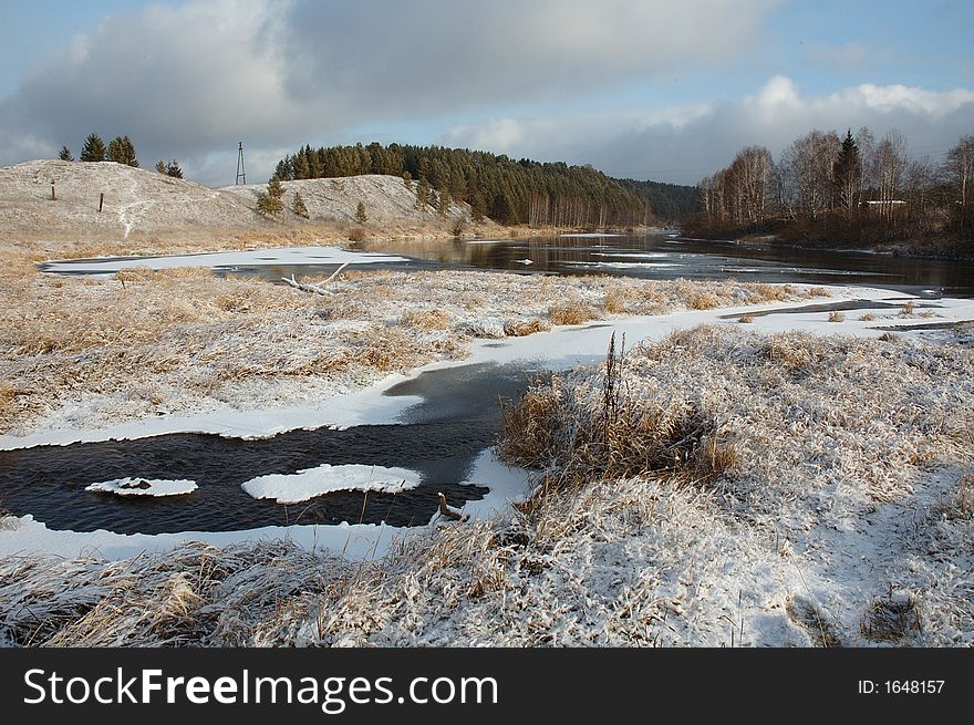 View of river in winter. Russia. Ural. View of river in winter. Russia. Ural.