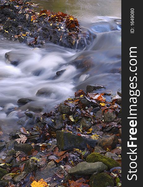 Shallow creek with colorful Autumn leaves among the rocks. Shallow creek with colorful Autumn leaves among the rocks