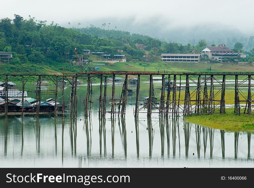 Wooden bridge across the river at Sangklaburi Kanchanaburi province Thailand