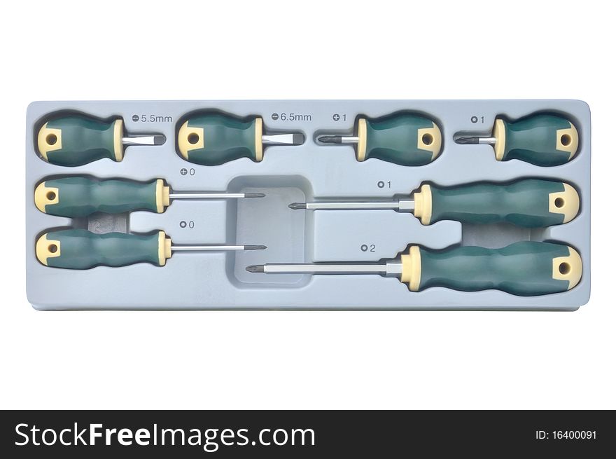 Set of eight screwdrivers against white background