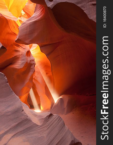 A photo of 2 beams in upper antilope canyon. A photo of 2 beams in upper antilope canyon