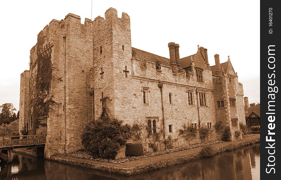 Hever castle enterance with moat in Kent, England.