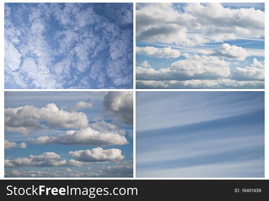 4 pictures of blue sky with different white clouds. 4 pictures of blue sky with different white clouds.