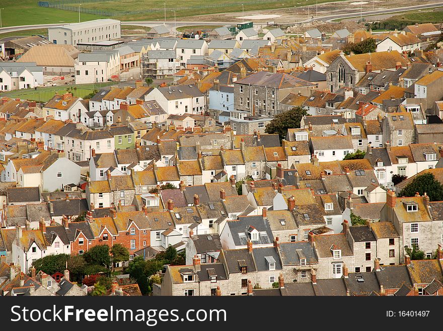 Aerial taken shot of the rooftops of a Dorset town