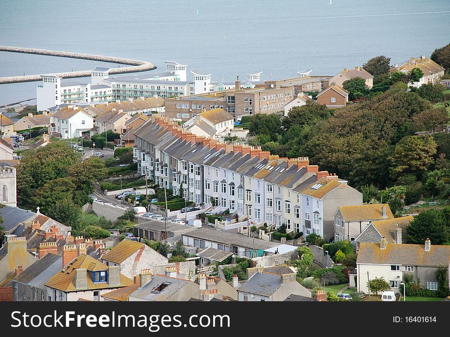 Aerial taken shot of the rooftops of a Dorset town