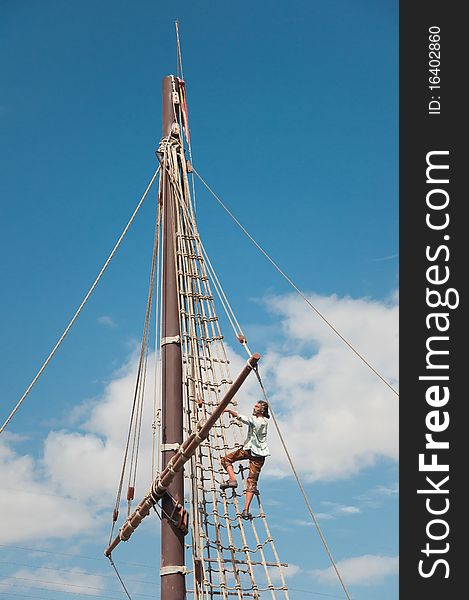 Mast of the replica of a Columbus's ship with a replica of person