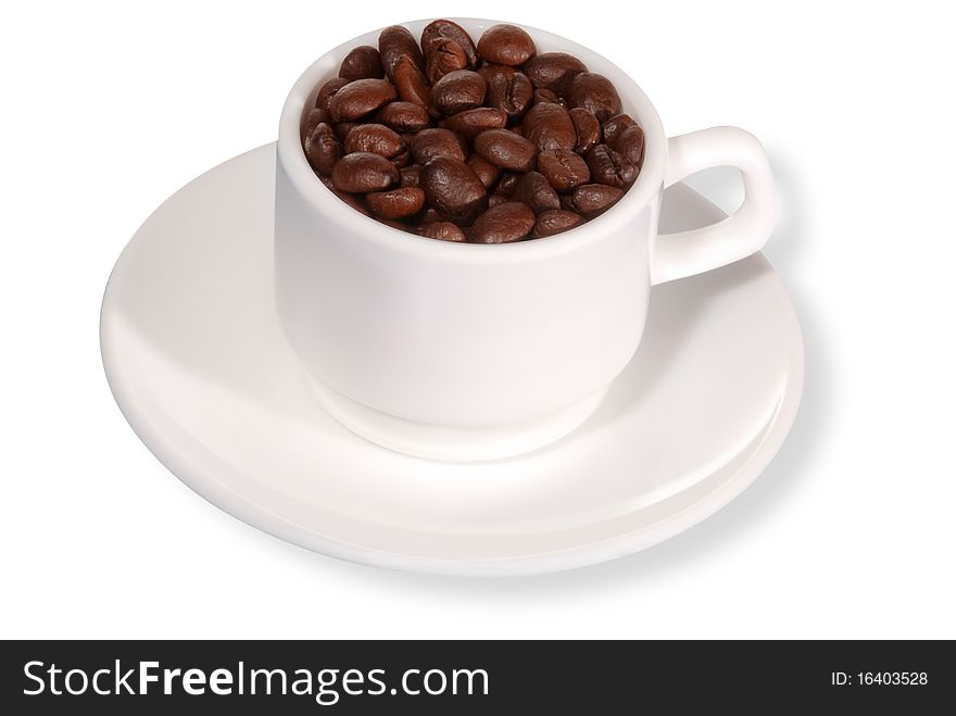 Cup and coffee beans isolated on white background